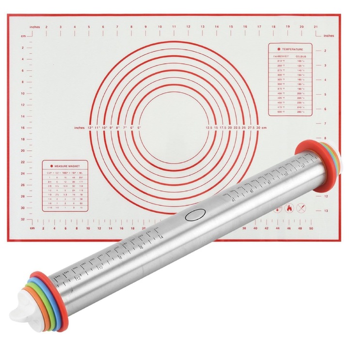 Set de rulou din otel inoxidabil, marca Lysithéra®, de 17 inch/43 cm, cu inele reglabile pentru grosime, potrivit pentru prepararea biscuitilor, pastelor, pizzei, placintelor si prajiturilor, cu suprafata antiaderenta si repere de masurare, rosie