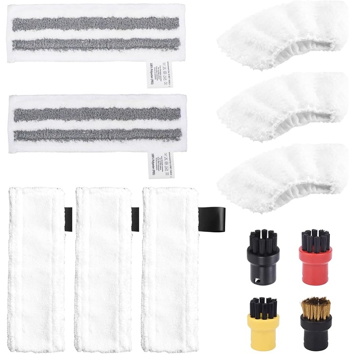Kit accesorii curățare pentru Karcher, Bedee, 3 lavete microfibra, 2 lavete lustruit, 3 huse microfibra, 4 perii rotunde, alb/gri