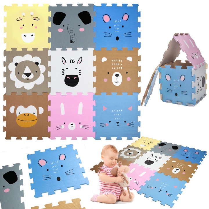 Oktató szőnyeg 120x120 vastag hab puzzle 9 db. Humbi állatok