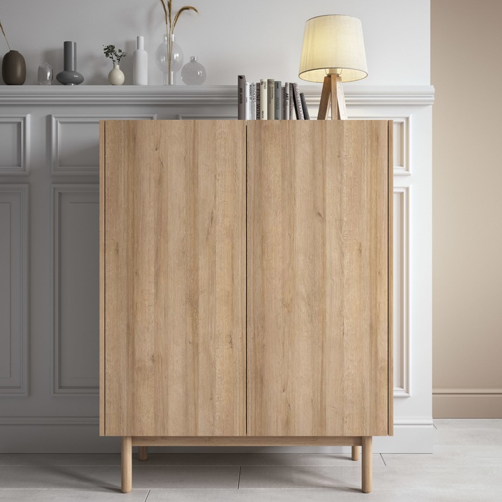 Comoda inalta Revelstoke, 2 compartimente, blat din marmura alba, PAL laminat, 122 x 97 x 37 cm, Alb/Stejar