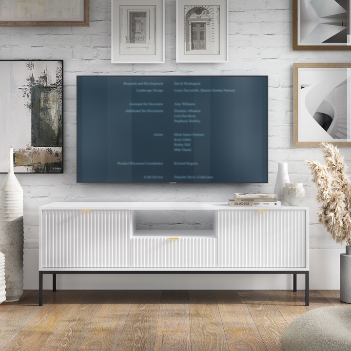 Dulap TV NANAIMO, 2 schowki, 1 sertar, PAL laminat, 56 x 154 x 39 cm, Alb