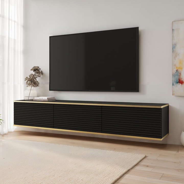 Dulap TV Banff, 3 schowki, MDF mat, 30 x 175 x 32 cm, Negru/Dab Artisan