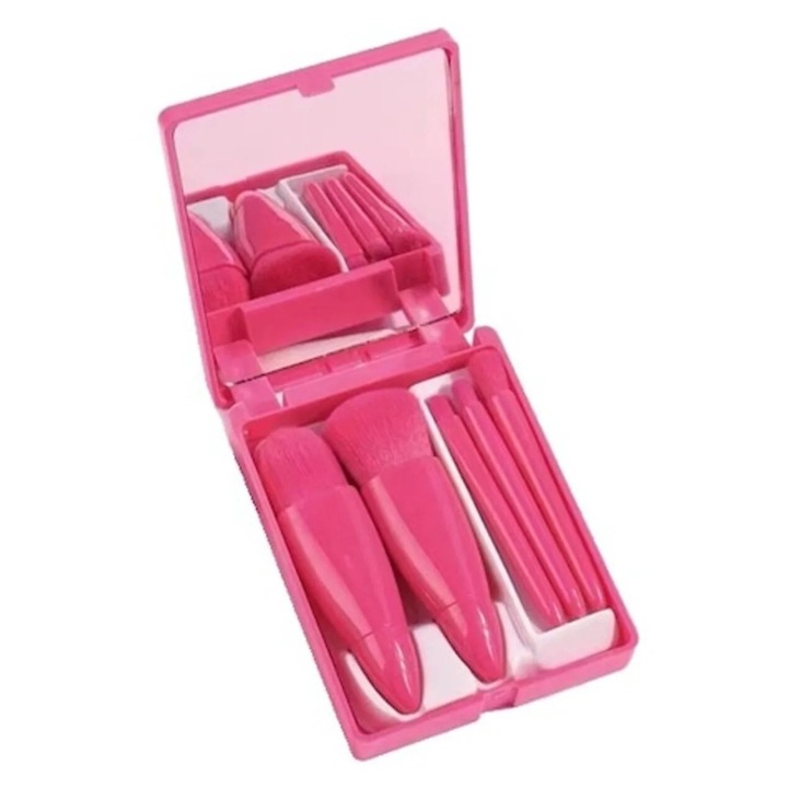 Set 5 pensule de machiaj mini, Domi Party & Gifts®, in cutie cu oglinda, din par sintetic moale, fuchsia