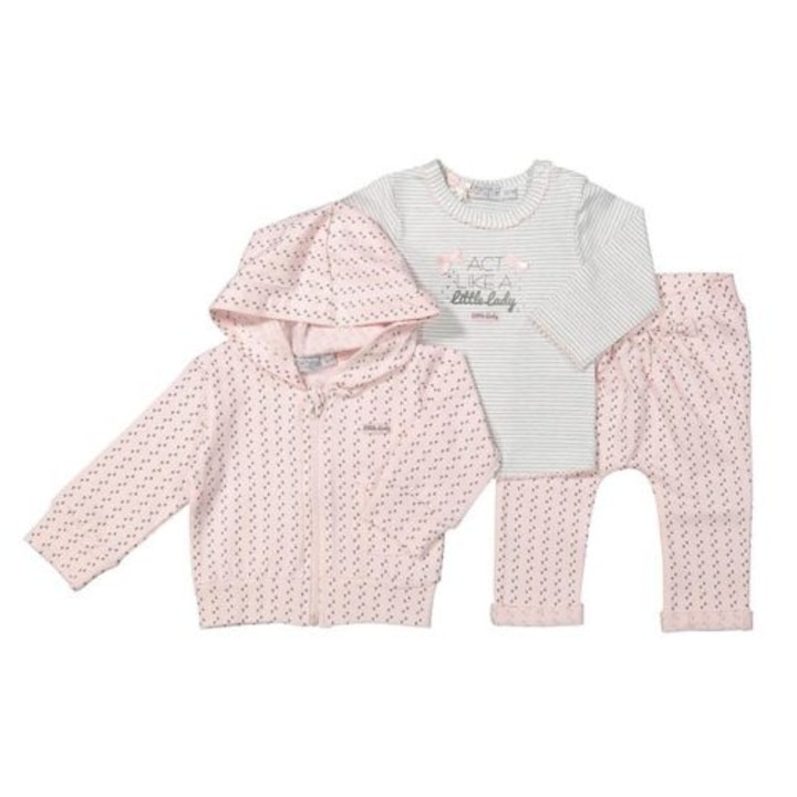 Set 3 piese Dirkje, pentru bebe, cardigan, bluza si pantaloni, roz, Alb/Roz