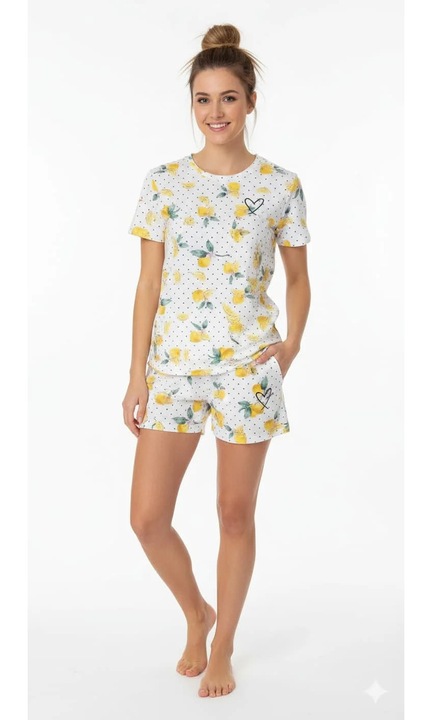 Pijamale cu imprimeu, pantaloni scurti si tricou, din bumbac, pentru dame