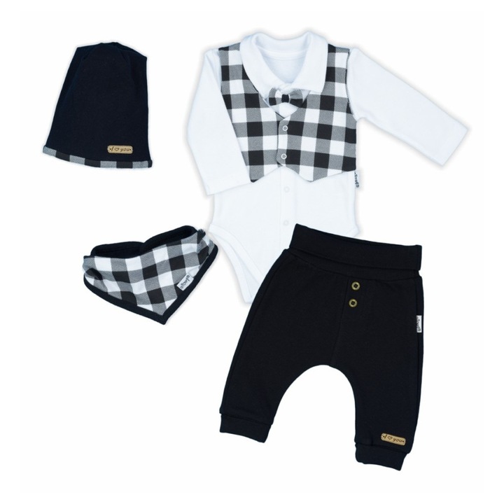 Set bebeluși NICOL, pălărie, eșarfă, body, pantaloni, bumbac, negru, 56 CM
