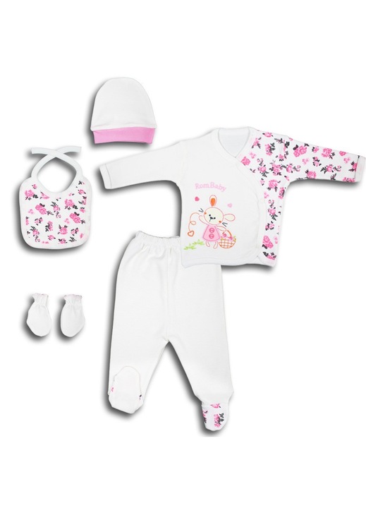 Set 5 piese, nou-nascut, alb/flori roz, imprimeu iepuras fetita, 50-56 cm, bumbac 100%