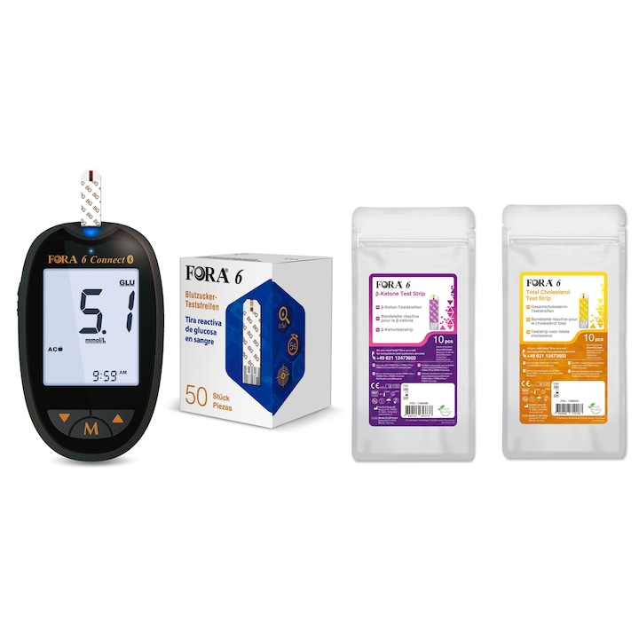 Pachet promo glucometru Fora 6, măsurare glicemie, cetone, colesterol total, uz casnic/profesional