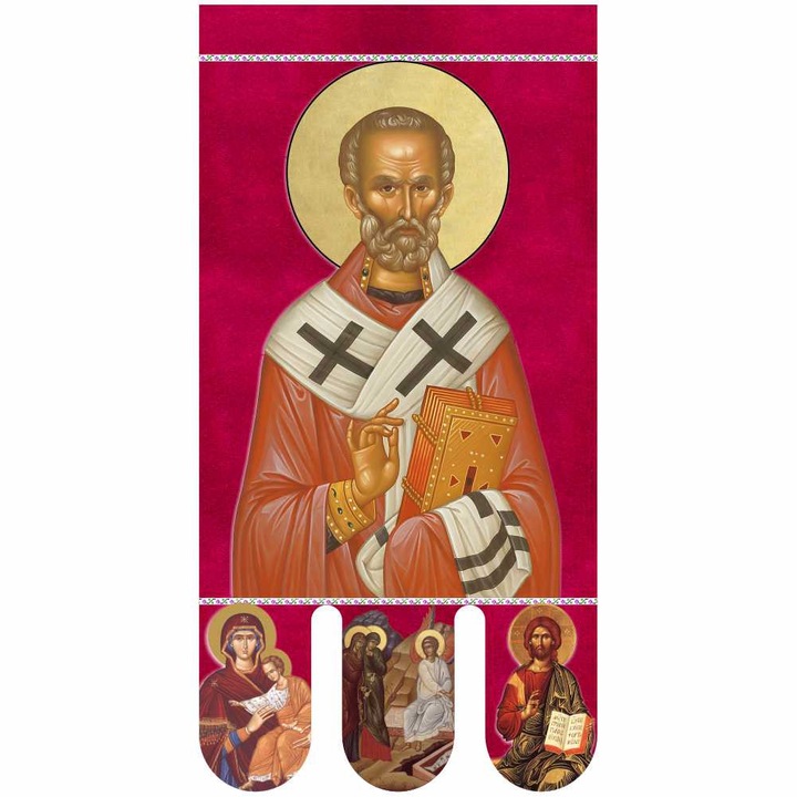 Icoana steag bisericesc, prapor liturgic 130 x 68 cm Sfantul Nicolae cu Invierea Domnului PRLI-NCIN-R