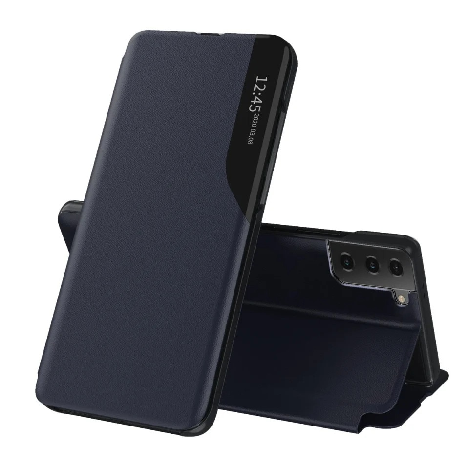 Husă tip carte pentru Samsung Galaxy S21 FE 5G, SKYDDAR INNOVATION eFold, Albastru, set cu sticker, piele ecologică