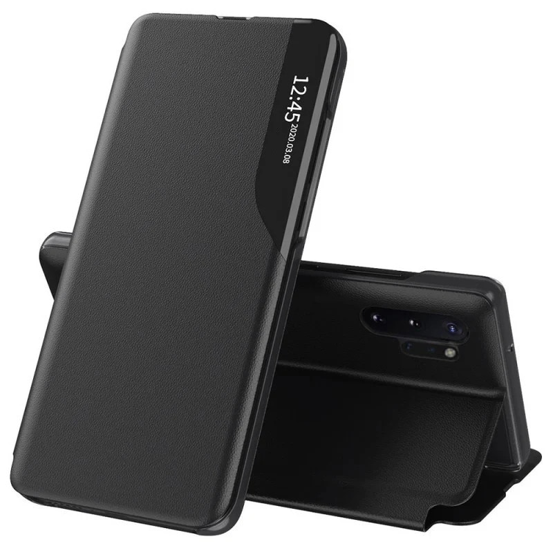 Husă tip carte pentru Samsung Galaxy Note 10 Plus, eFold, piele ecologică, set cu sticker, Negru