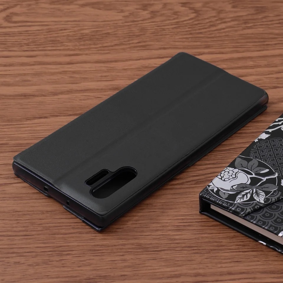 Husă tip carte pentru Samsung Galaxy Note 10 Plus, eFold, piele ecologică, set cu sticker, Negru