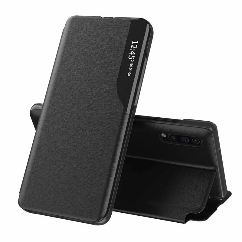 Husa pentru Samsung Galaxy A70 / Galaxy A70s, SKYDDAR INNOVATION, eFold, tip carte, set cu sticker, Negru