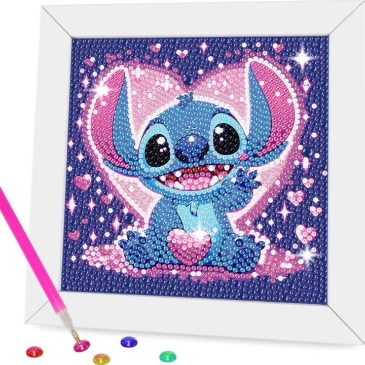 Set pictura cu diamante 5D Stitch, AjieQaQ, cadou ideal, violet, cu rama din lemn