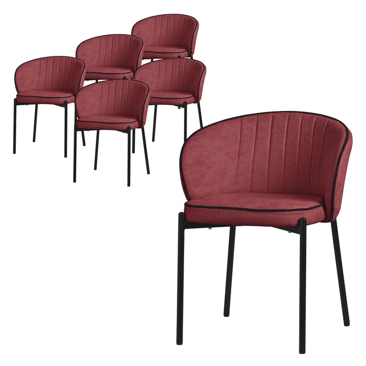 6x Scaune de sufragerie ML-Design in culoare rosu, husa din tesatura, spatar tapitat, picioare din metal, mobilier design modern ergonomic de salon / bucatarie, fotoliu elegant dining