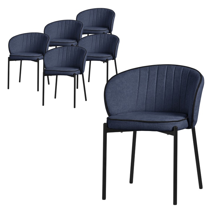6x ML-Design étkezőszék sötétkék színben, szövet huzat, kárpitozott háttámla, fém lábak, modern ergonómikus nappali / konyhabútor, elegáns étkezőfotel
