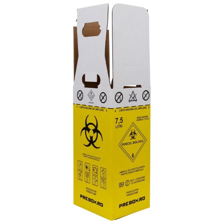 Cutie deseuri medicale 7.5L cu sac galben Biohazard, carton 3 straturi, ADR, pentru colectare deseuri anatomo-patologice