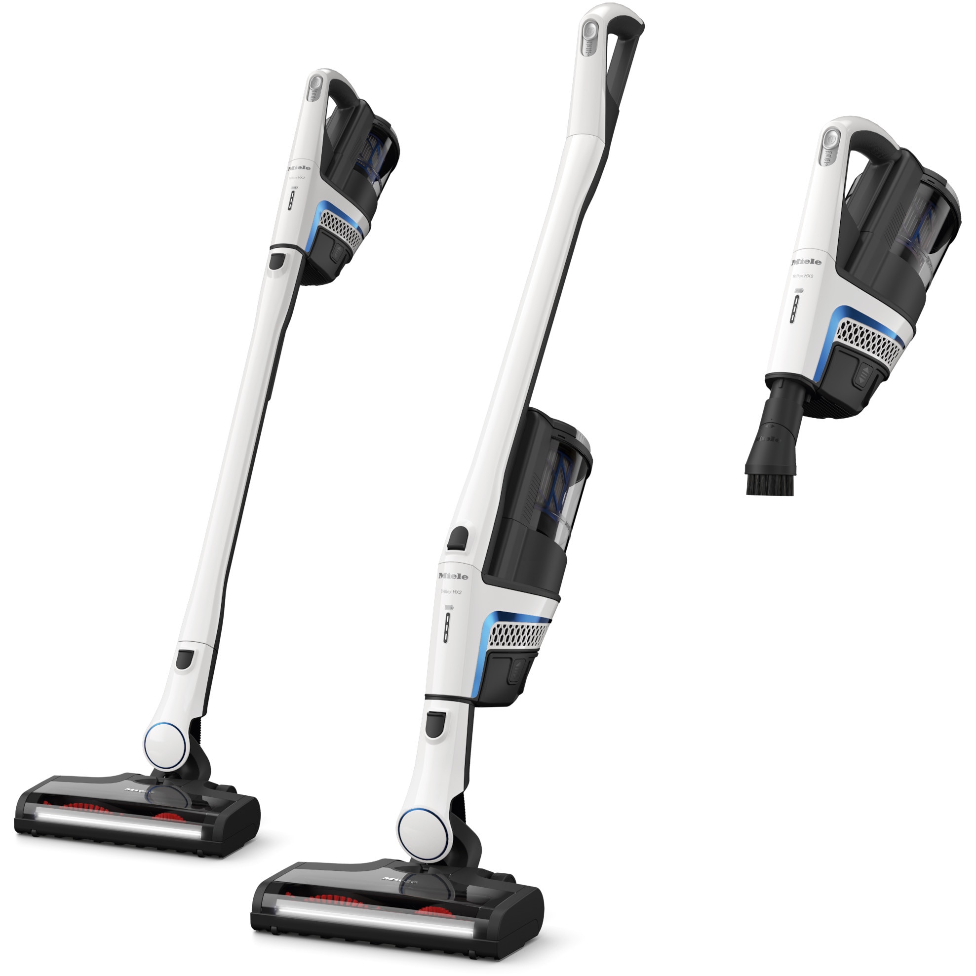 Aspirator vertical Miele Triflex HX2 Blue Pulse 12921610, 3 in 1, 25.2 V, 0.5 l, autonomie 60 min, tehnologie Vortex, perie electrică Multi Floor XXL SEB 435 cu BrilliantLight, Alb lotus