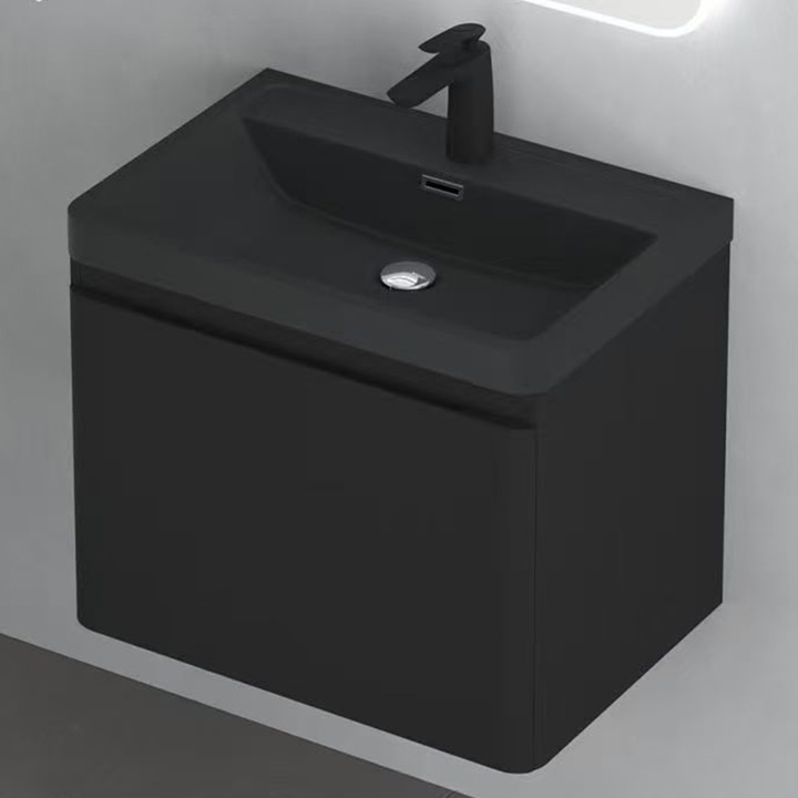 Mobilier baie din Mdf cu lavoar din compozit, separatoare sertare, inchidere Soft-Close, 60x42x55 cm, Negru Mat, Verona
