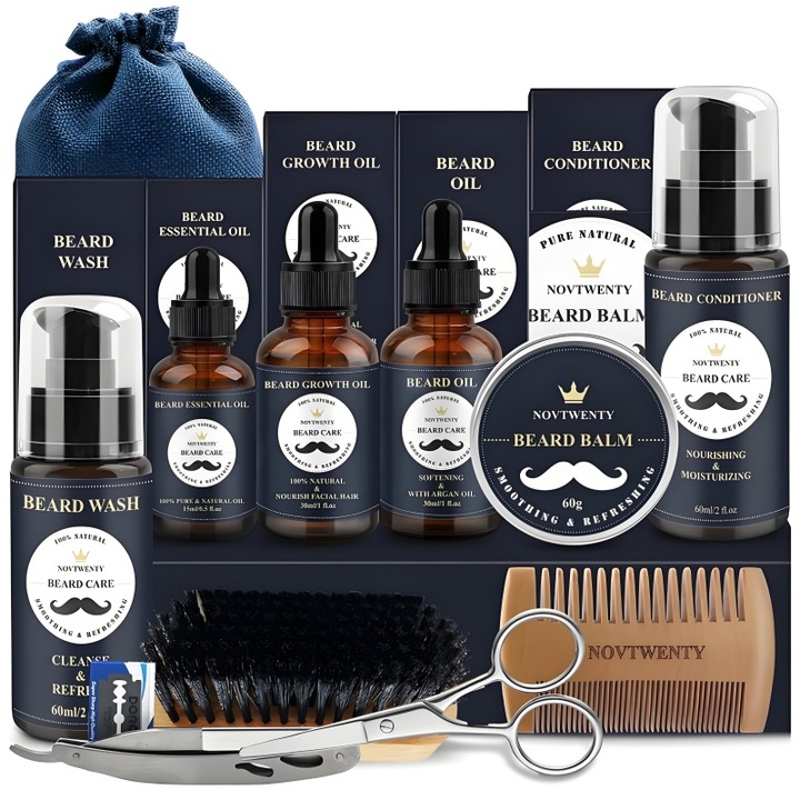 Set pentru ingrijirea barbii pentru barbati, AjieQaQ, set de 13 piese, cuprinzand sampon, ulei pentru barba, balsam, perie si pieptene, potrivit pentru parul facial al barbatilor. Disponibil in formule lichide si solide, continand ingrediente organice