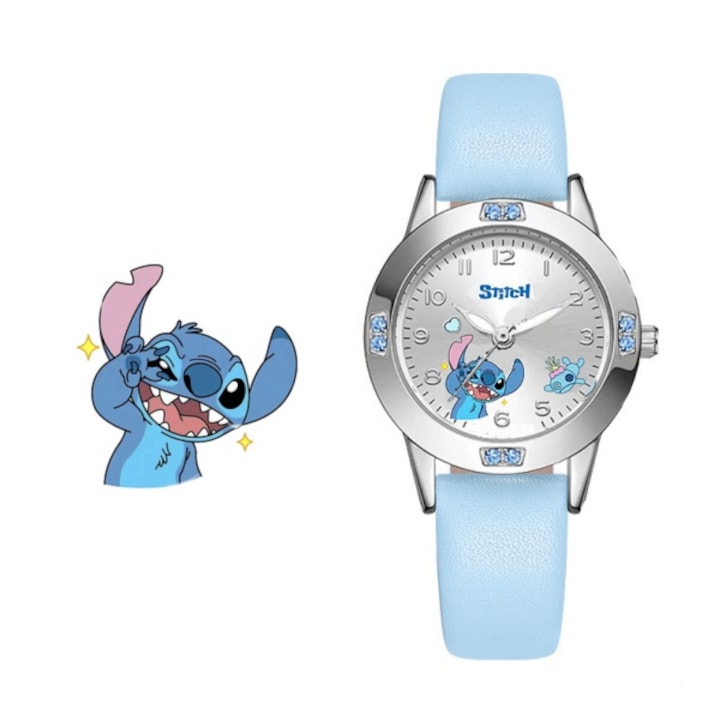 Disney Lilo & Stitch gyerekóra, AjieQaQ, kék-ezüst, öko-bőr szíj, 30x30mm, 5ATM vízálló