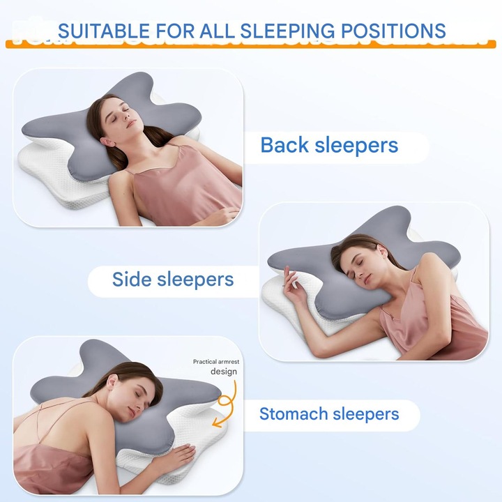 Perna Ortopedica Cervicala pentru dormit, bBedee, Husa lavabila, Doua reglabile pe inaltime, Spuma cu Memorie, Ergonomic, Ajuta la ameliorarea presiunii si a disconfortului din zona gstului si a umerilor,65x37,9x13,3cm Alb/Gri