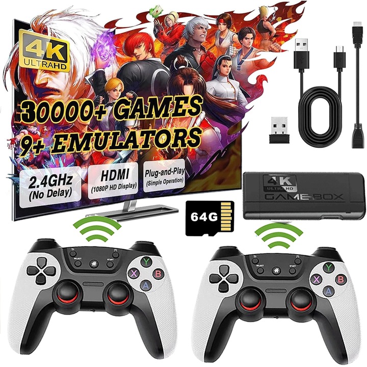 Consola jocuri tip stick, Bedee,64G, 30000 de jocuri incorporate, USB wireless 2.4 GHz, Cu 2 controler wireless, Iesire HDMI de inalta definitie, Pentru TV, Proiector, Monitor, Alb/Negru