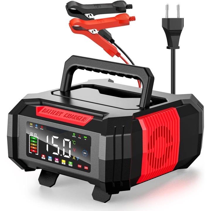 Incarcator de baterii, 12V/24V, cu 9 etape de incarcare rapida, afisaj LCD, protectie multipla, diverse moduri de incarcare, pentru masini, SUV-uri, camioane, motociclete, barci, masini de tuns iarba