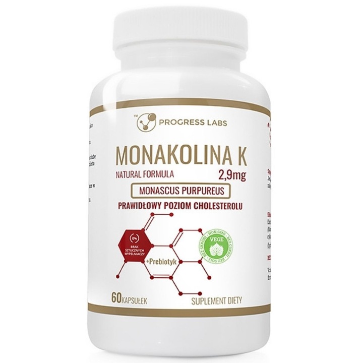 Supliment alimentar Progress Labs Monacolin K, 60 capsule, extract de orez rosu fermentat, 2, 9 mg monocalin K per capsula
