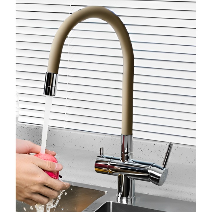 Baterie sanitara 3 cai Bonken, design pliabil, finisaj bej si crom