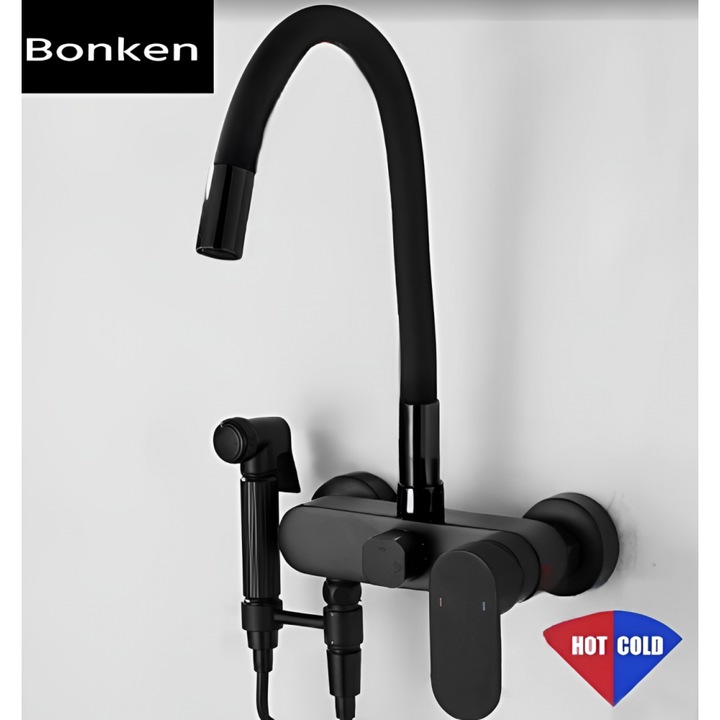 Baterie sanitara de perete Bonken, model HT-1789, cu dus flexibil, neagra, instalare standard