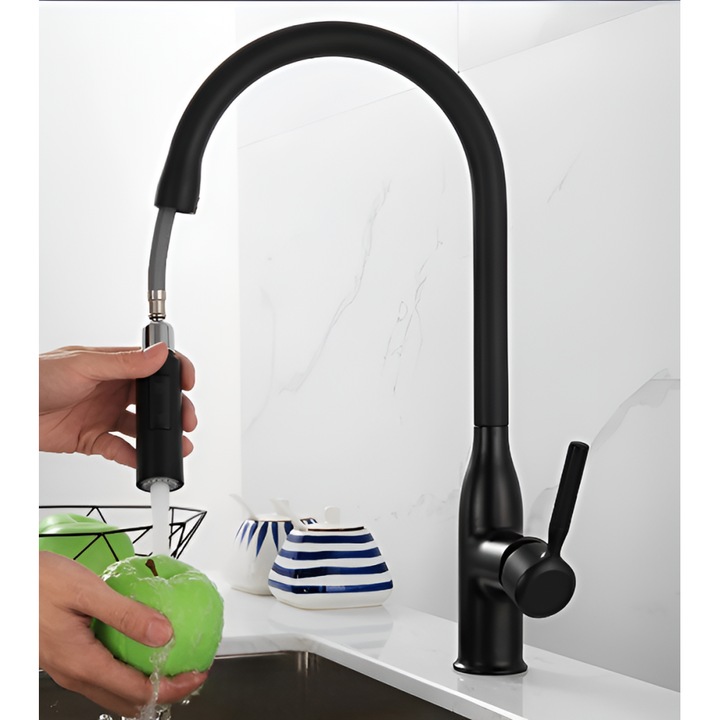 Baterie de bucatarie moderna Bonken, model HT-9709, finisaj negru mat, functie dus, constructie durabila