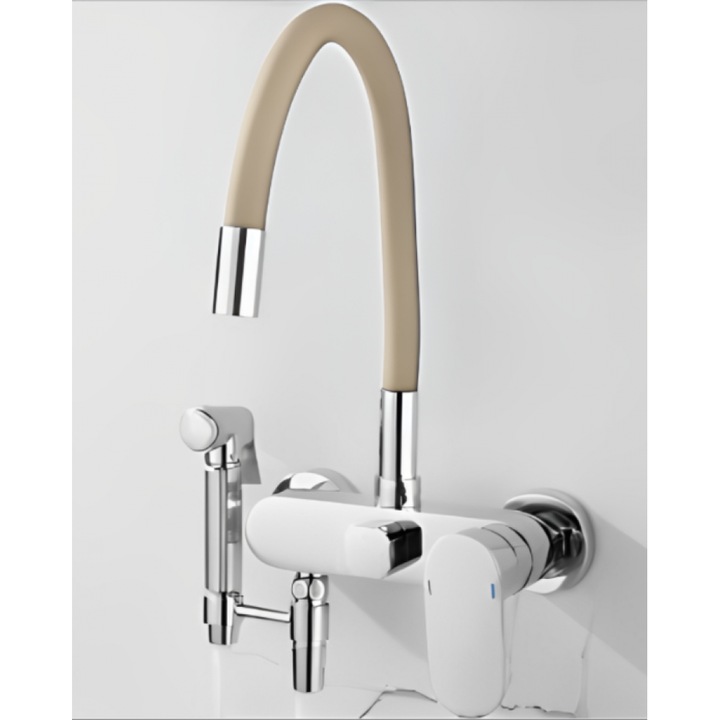 Baterie sanitara de perete Bonken, model HT-1812, cu dus flexibil din silicon bej, corp cromat