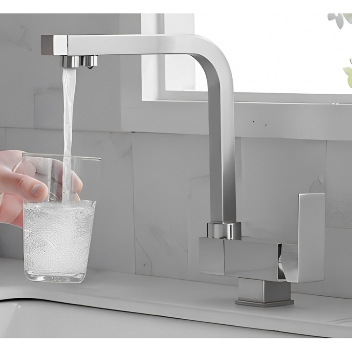 Baterie sanitara 3 cai Bonken, design pliabil, finisaj Inox, pentru apa calda, rece si filtrata