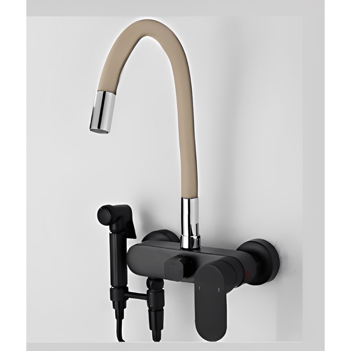 Baterie sanitara de perete Bonken HT-1816, flexibila, negru/bej, crom