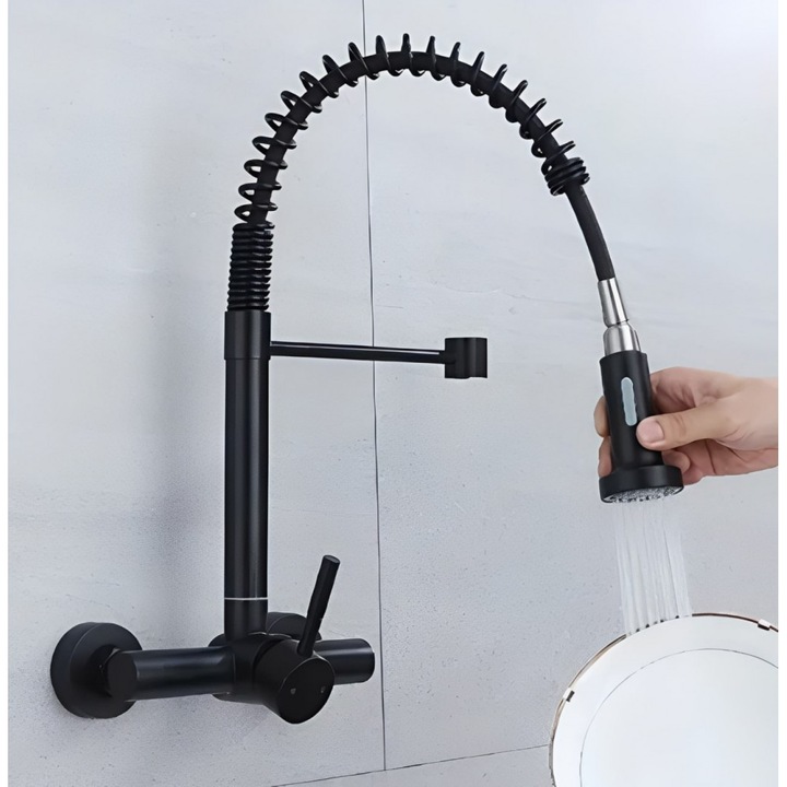 Baterie sanitara de bucatarie montata pe perete Bonken HT-8090, design pliabil, inox negru, din otel inoxidabil SUS304