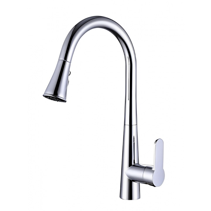 Baterie sanitara Bonken HT-8031, crom, design cu spout inalt, cap de dus retractabil