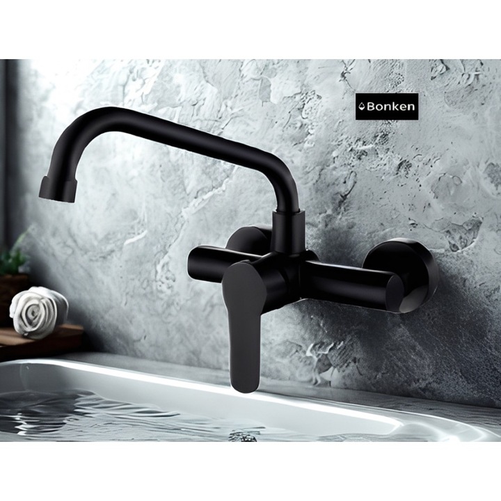 Baterie sanitara de perete Bonken HT-1638, design cu spout jos, finisaj negru mat, instalare standard 15cm