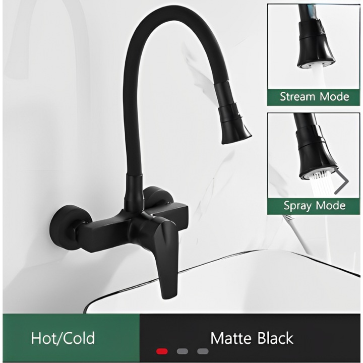 Baterie sanitara de bucatarie montata pe perete Bonken HT-4502, design pliabil, finisaj negru mat