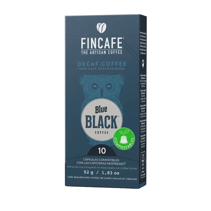 Cafea decofeinizata capsule Nespresso Fincafe, Blue Black, 100% boabe Arabica prajite natural, aroma complexa, aciditate scazuta, aftertaste racoritor, persistent, procesare naturala, 10 bucati