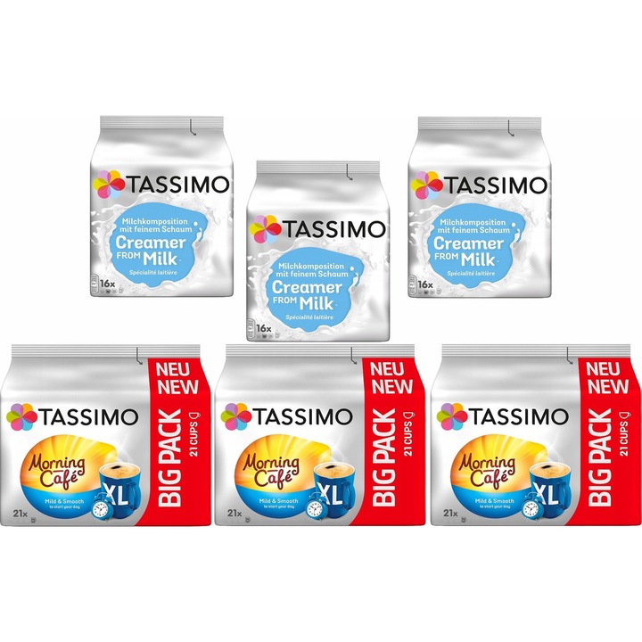 Капсули кафе Tassimo Morning Cafe Mild & Smooth и мляко, 215 мл всяка, Комплект от 6