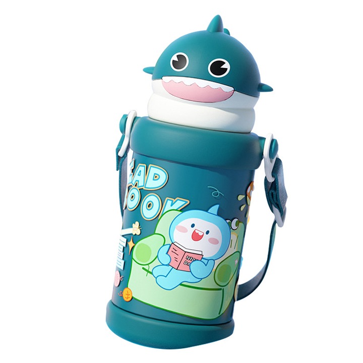 Детска бутилка за вода, със сламка и капак, Zeguer, 0.55 L, неръждаема стомана, преносима презрамка, зелена акула