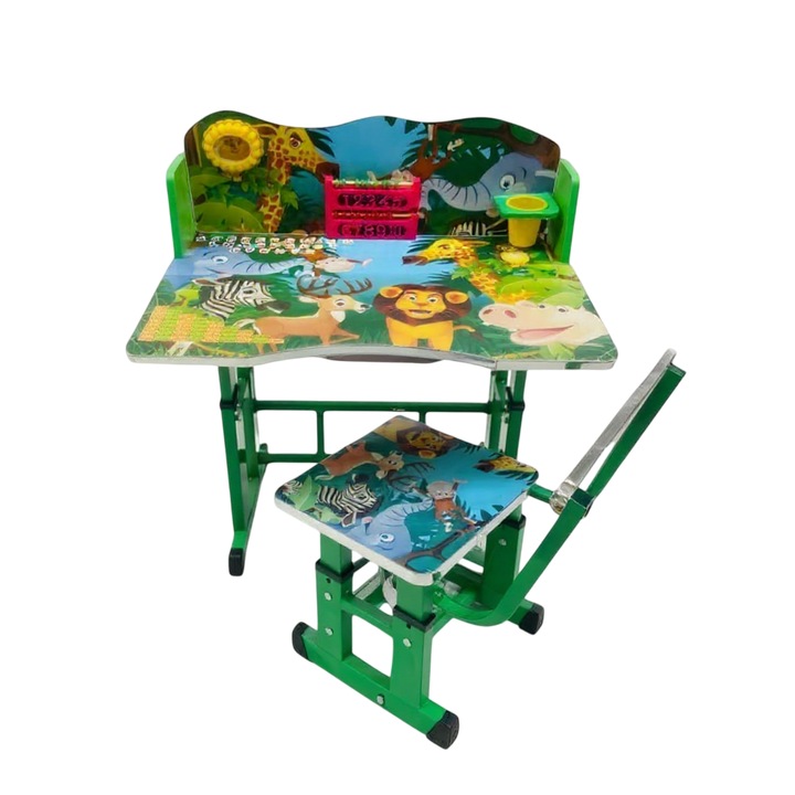 Set Birou cu scaun pentru copii, Cadru Metalic, cu inaltime reglabila, Birou 70x44 cm, Scaun 32x28 cm, Culoare Verde, Model Jungla
