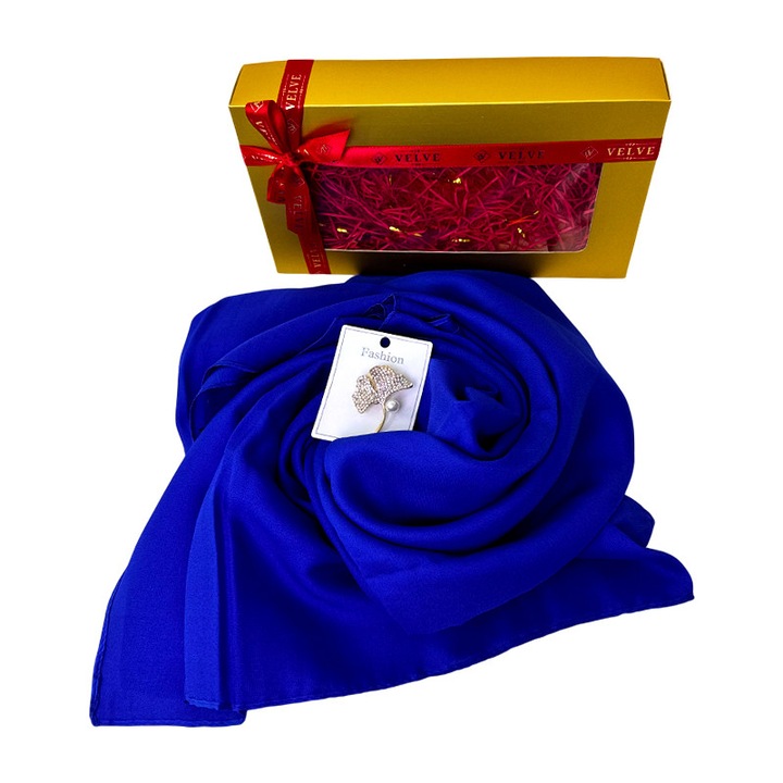 Pachet Silky pentru femei, esarfa eleganta si brosa, albastru royal, 170x90cm