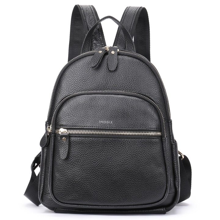 Rucsac Din Piele Naturala Pentru Dama, IMODIX, Casual Si Practic, Multiple Buzunare, Bretele Ajustabile, Maner, 26.5x22x11 cm, Model 172, Negru