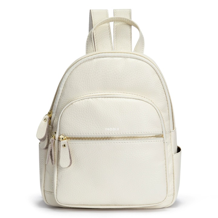 Rucsac Din Piele Naturala Pentru Dama, IMODIX, Casual Si Practic, Multiple Buzunare, Bretele Ajustabile, Maner, 26.5x22x11 cm, Model 172, Alb