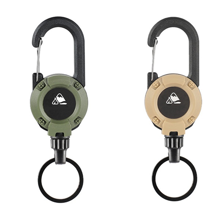 Set 2 brelocuri retractabile, AFKSMILE, Cu carabina, Cordon din Otel de 60cm, Capacitate maxima de incarcare 2KG, Usor de tra, Robust, Durabil, Pentru calatorii in aer liber si alpinism, ABS, 12.8*4cm, Verde/kaki