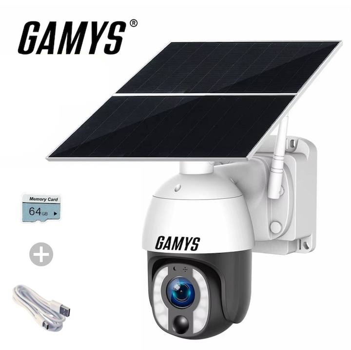 Camera de supraveghere video GAMYS® cu inregistrare 24/7, 20xZOOM, 5MP, WIFI, Panou solar dublu 20 wati, baterie incorporata de 30.000mAh, Card de memorie 64GB