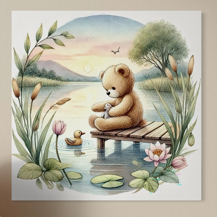 Tablou Canvas Premium, LuxCanva® K1052, Ursuletul si Ratusca, 90 X 90 CM, Panza Bumbac 100% 400g/m2, Sasiu, Lemn, Mal, Ponton, Nuferi, Apus, Bland, Rasarit, Lac, Fermecat, Visare, Poetic, Prietenie, Legatura, Camera Copil, Dormitor