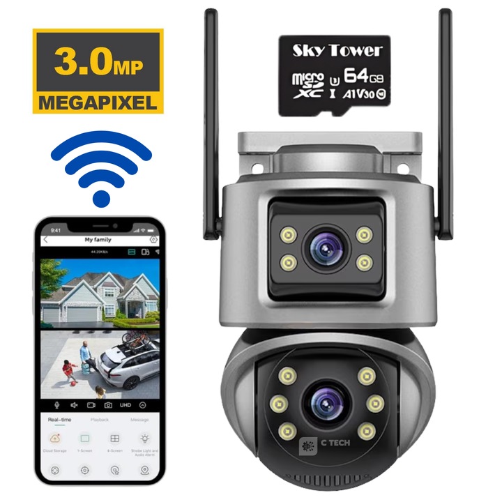 Камера за наблюдение WI-FI C Tech® 3MP+3MP, UHD, Свързване чрез приложение на телефон, Цветно нощно виждане, Проследяване на движение, Аларма, Водоустойчивост, Включване на фенерче от приложението, Сензор за движение, Бяла + Карта памет Micro SD 64GB